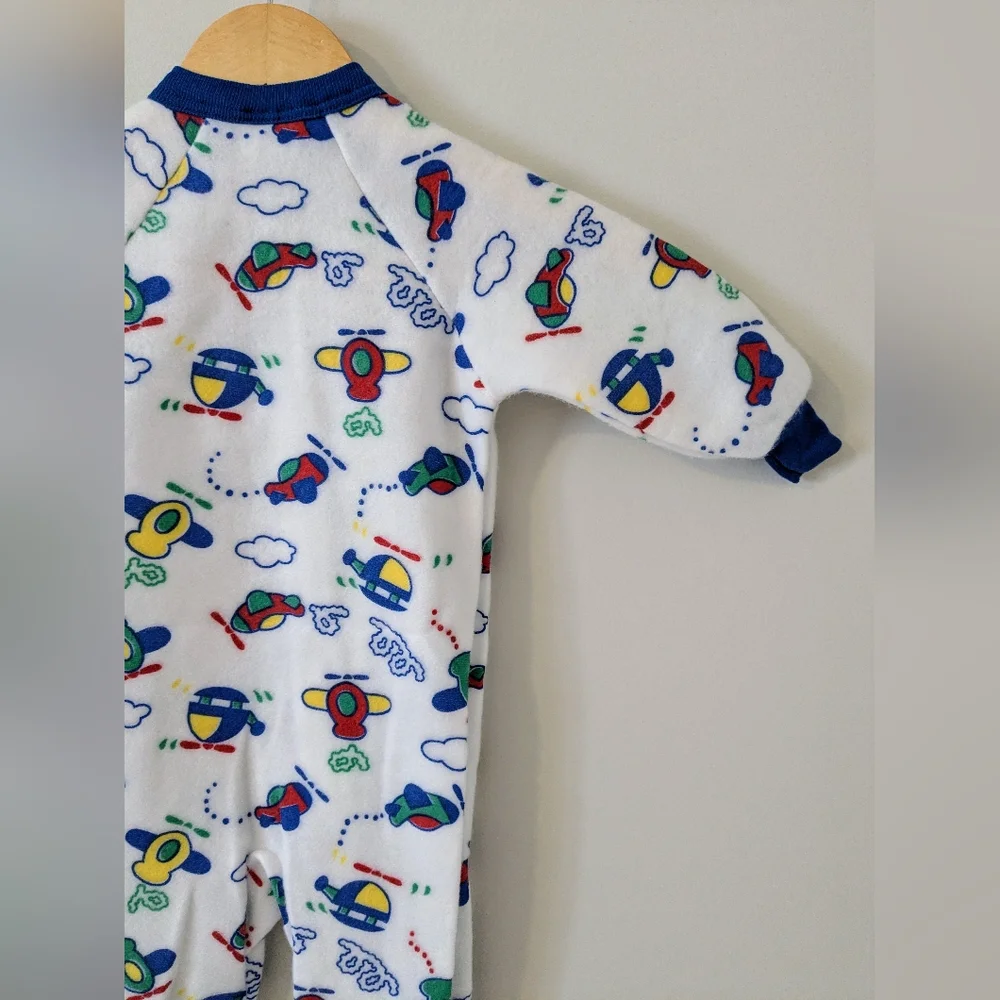 Vintage Carter's Airplane Cloud Helicopter Print 80s Fleece Pajamas Size 18M